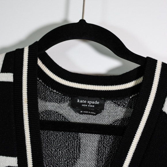 Kate Spade Noel Logo Print Pattern Wool Stretch Knit Cardigan Sweater Black M - Picture 2 of 4